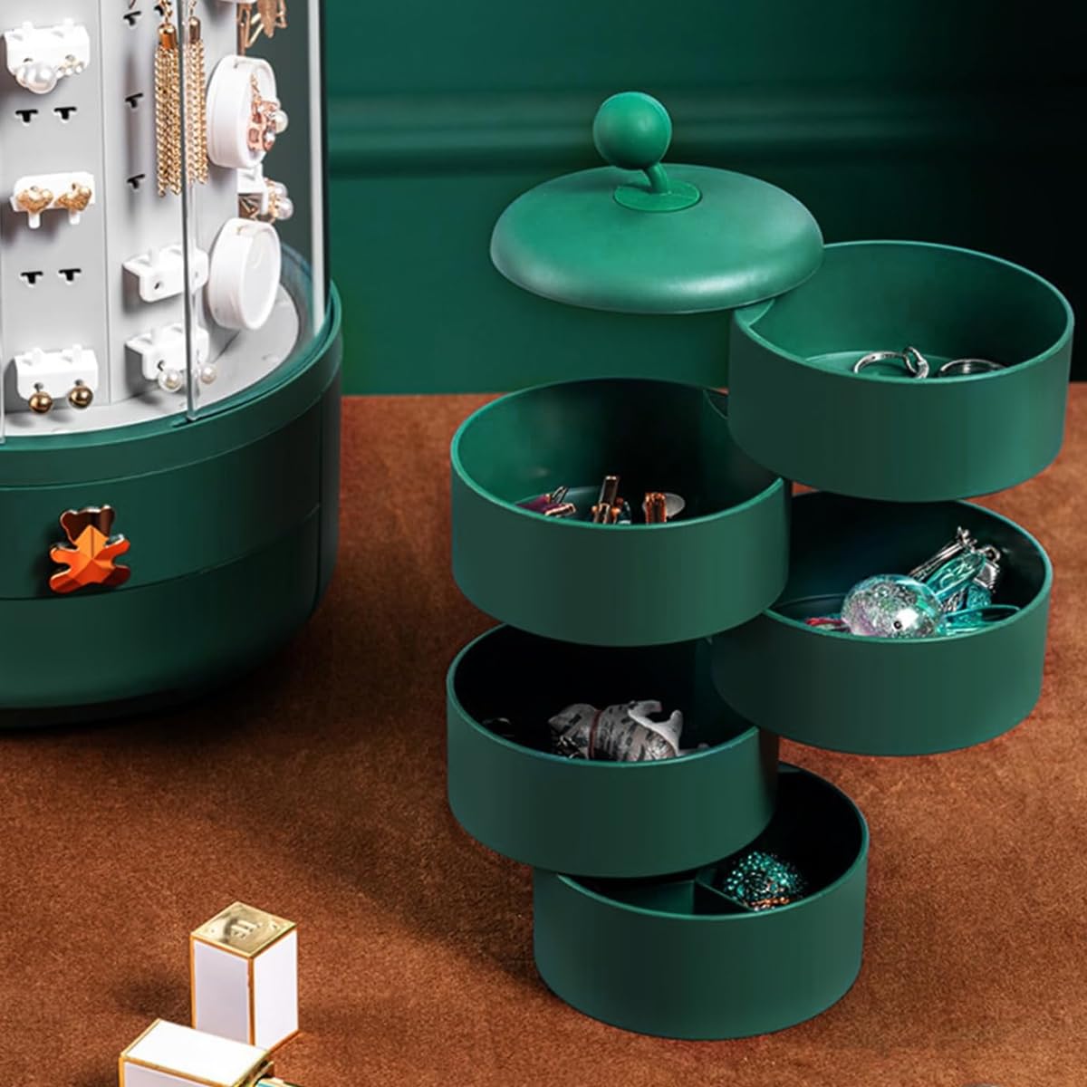 HANNEA 3-in-1 Jewelry Organizer 360° Display Earring Organizer for Mother's Day Girls Valentine Gift, Jewelry Box Built-in 5-Layer Rotatable Jewelry Organizer Box Storage HANNEA 3-in-1 Jewelry Organizer 360° Display Earring Organizer for Mother's Day Girls Valentine Gift, Jewelry Box Built-in 5-Layer Rotatable Jewelry Organizer Box Storage